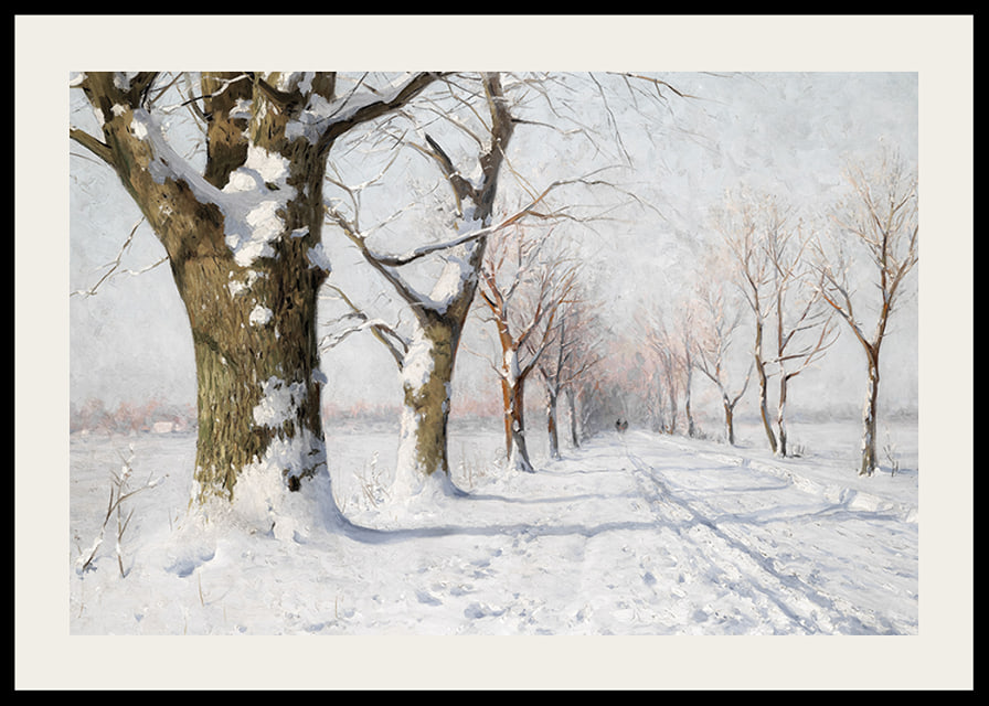 Oil painting of snow-covered avenue with bare trees in winter light-12