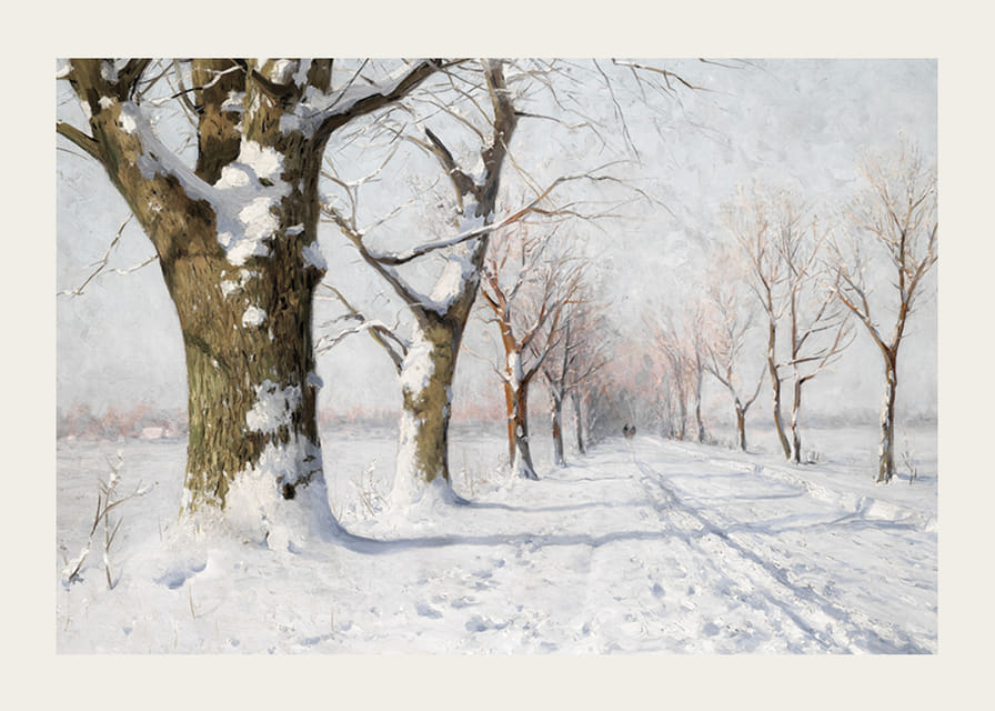 Dipinto ad olio di un viale innevato con alberi spogli nella luce invernale-12