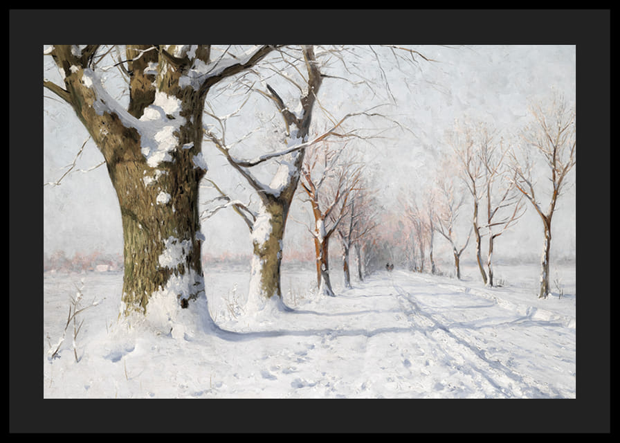 Dipinto ad olio di un viale innevato con alberi spogli nella luce invernale-12