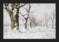 Oil painting of snow-covered avenue with bare trees in winter light-5