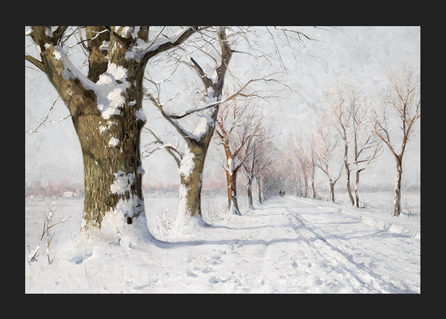 Oil painting of snow-covered avenue with bare trees in winter light-12