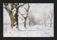 Dipinto ad olio di un viale innevato con alberi spogli nella luce invernale-5
