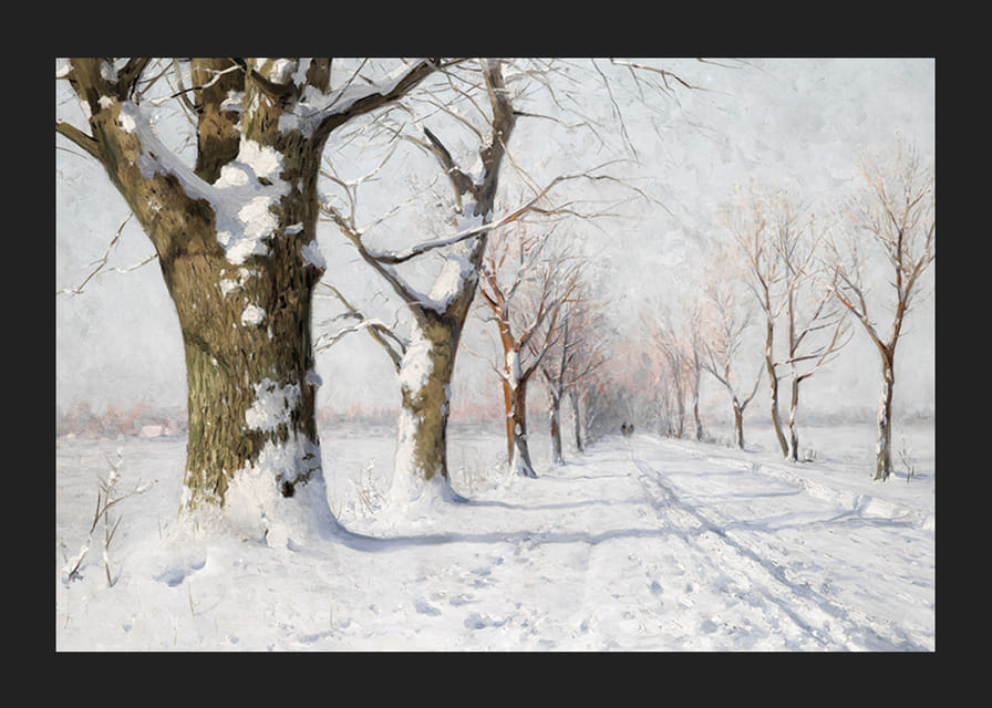 Dipinto ad olio di un viale innevato con alberi spogli nella luce invernale-12