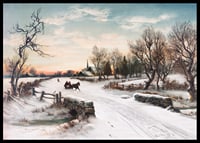 Painted horse and sleigh on snow-covered country road in winter landscape-6