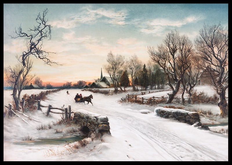 Painted horse and sleigh on snow-covered country road in winter landscape-12