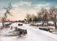 Painted horse and sleigh on snow-covered country road in winter landscape-7