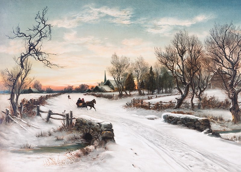 Painted horse and sleigh on snow-covered country road in winter landscape-12