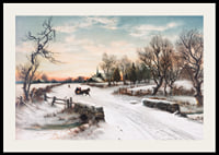 Painted horse and sleigh on snow-covered country road in winter landscape-2