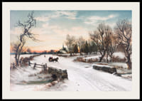 Geschilderd paard en slee op een met sneeuw bedekte landweg in een winterlandschap-2