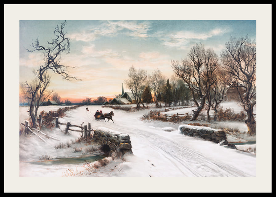 Geschilderd paard en slee op een met sneeuw bedekte landweg in een winterlandschap-12