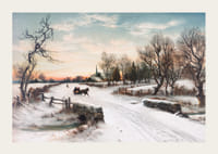 Geschilderd paard en slee op een met sneeuw bedekte landweg in een winterlandschap-3