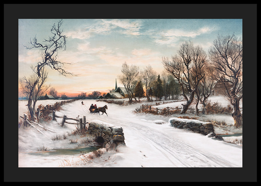 Painted horse and sleigh on snow-covered country road in winter landscape-12