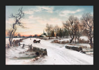 Geschilderd paard en slee op een met sneeuw bedekte landweg in een winterlandschap-5