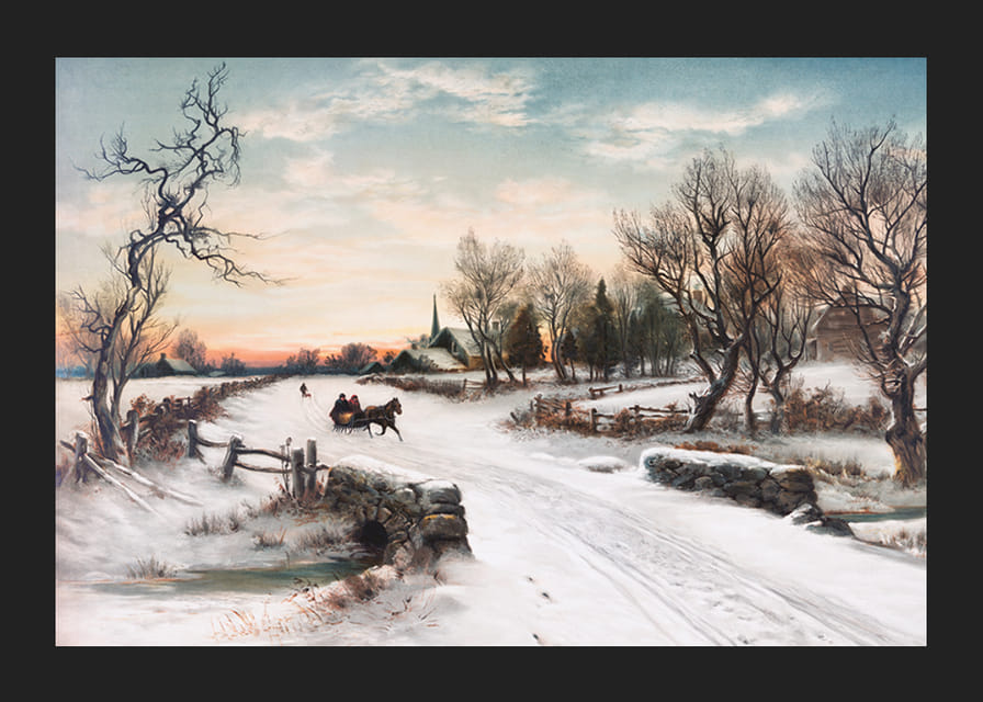 Geschilderd paard en slee op een met sneeuw bedekte landweg in een winterlandschap-12