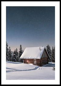 Snow-covered log cabin under starry night sky in winter landscape-0
