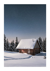 Snow-covered log cabin under starry night sky in winter landscape-1
