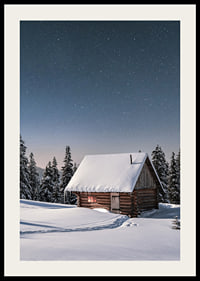 Snow-covered log cabin under starry night sky in winter landscape-2