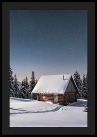 Snow-covered log cabin under starry night sky in winter landscape-4
