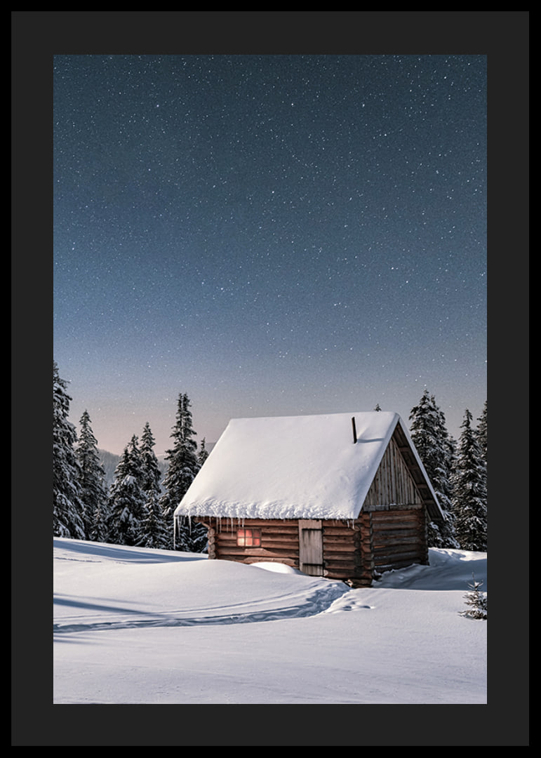 Snow-covered log cabin under starry night sky in winter landscape-12