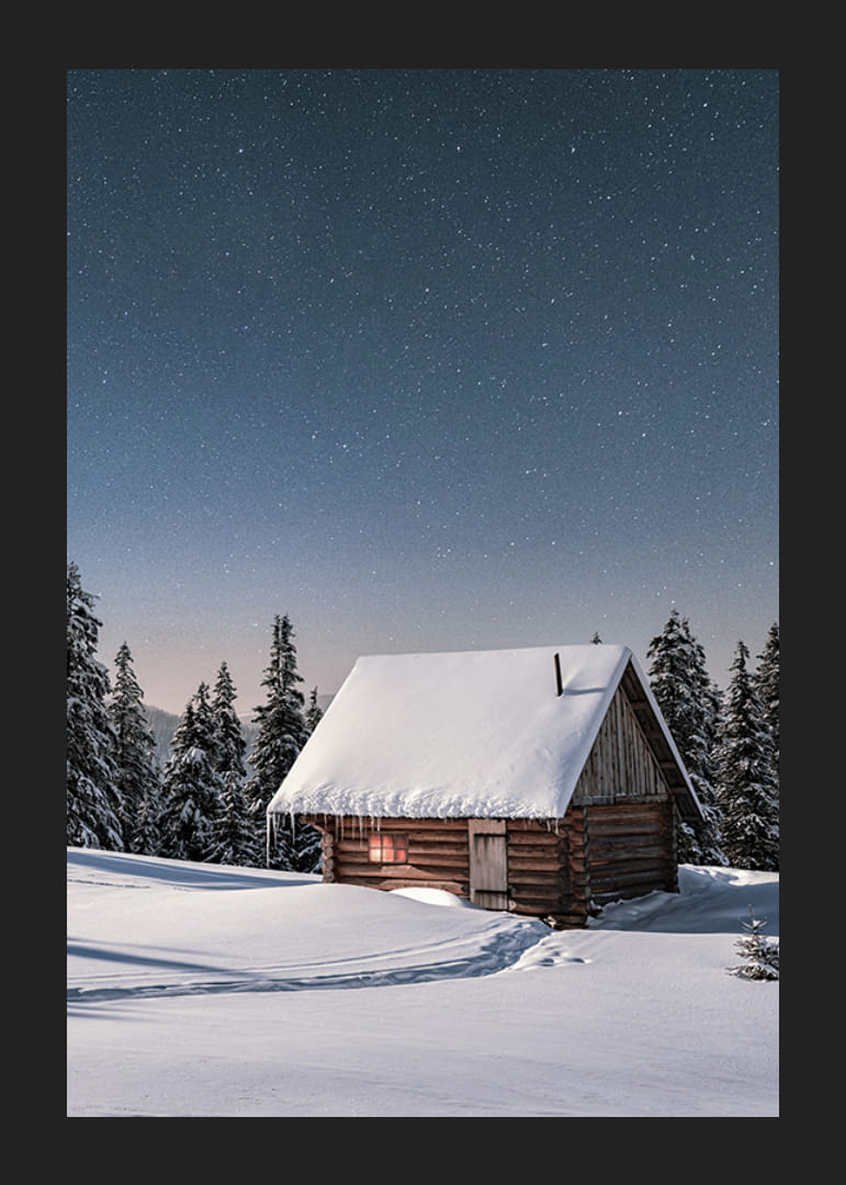 Baita di tronchi coperta di neve sotto un cielo stellato in un paesaggio invernale-12