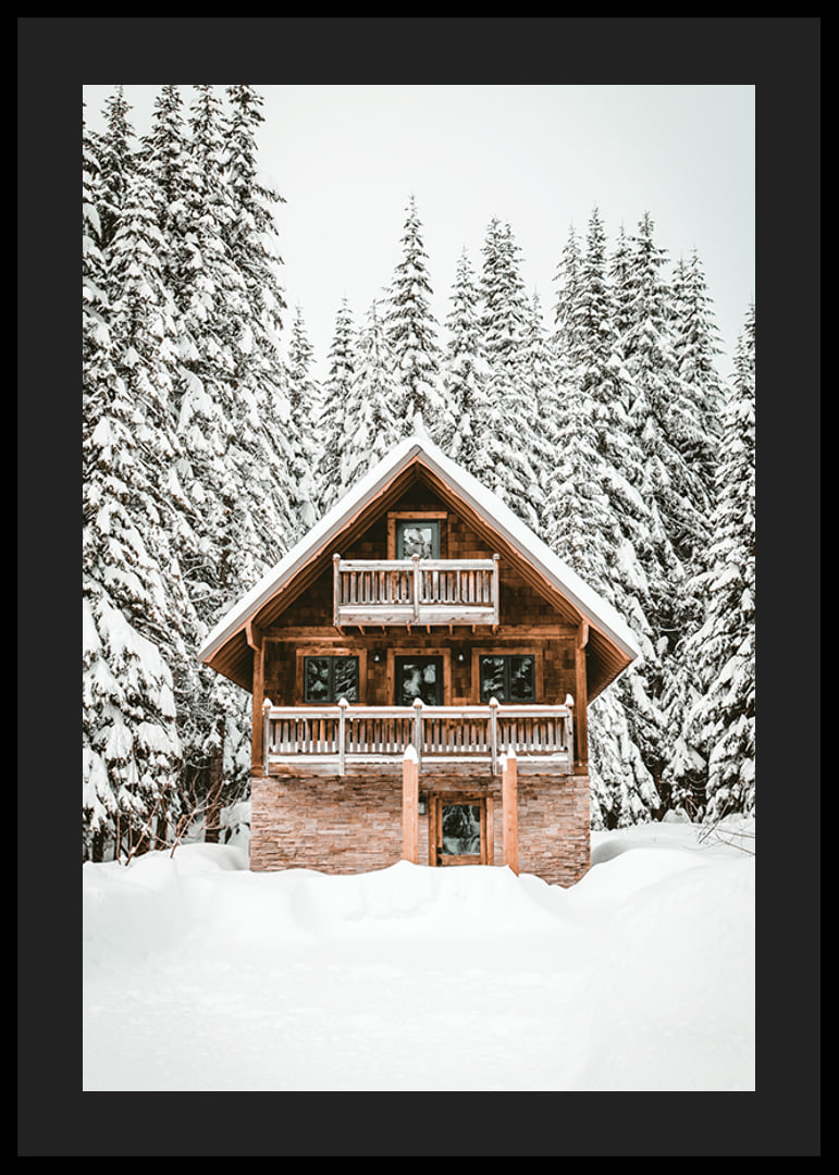 Wooden cottage surrounded by snow-covered fir trees in winter landscape-12