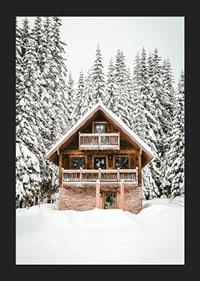 Wooden cottage surrounded by snow-covered fir trees in winter landscape-5