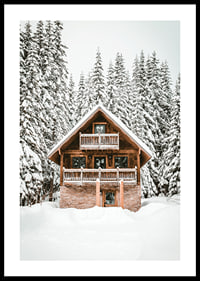 Wooden cottage surrounded by snow-covered fir trees in winter landscape-0