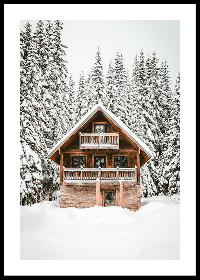 Wooden cottage surrounded by snow-covered fir trees in winter landscape-12