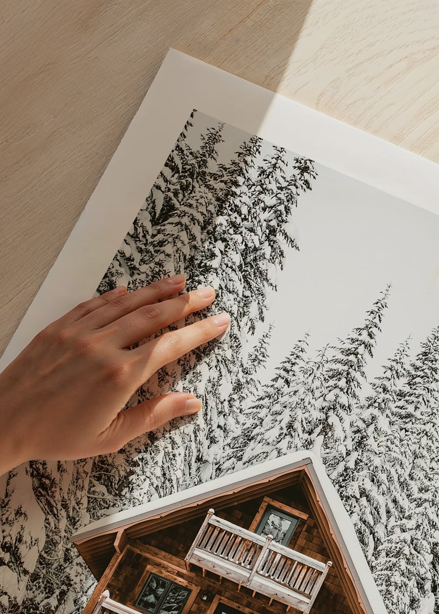 Wooden cottage surrounded by snow-covered fir trees in winter landscape-12