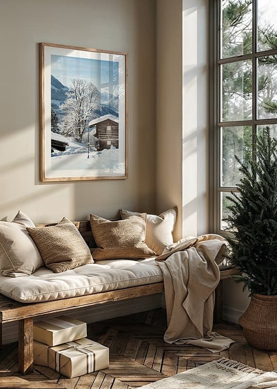 Photograph of wooden cabin in snow-covered mountain landscape and blue sky-12