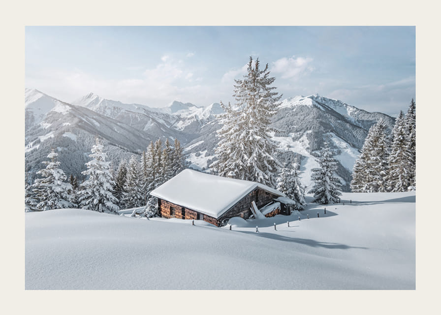 Fotografia zasneženej zrubovej chaty medzi jedľami a horami-12