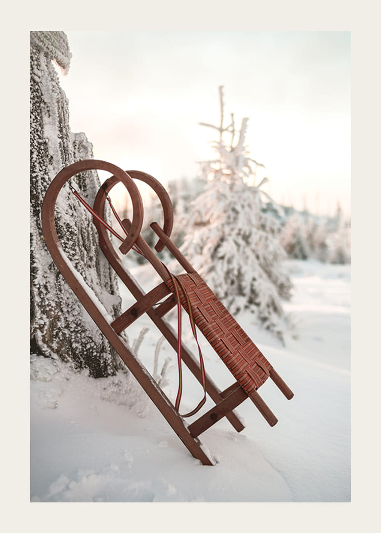 Valokuva vanhasta punaisesta puukelkasta lumista kuusimetsää vasten-12