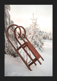 Valokuva vanhasta punaisesta puukelkasta lumista kuusimetsää vasten-5