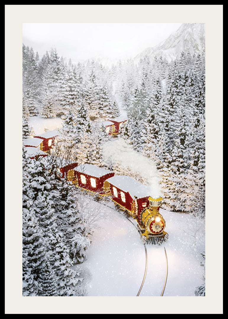Illustrated train in a wintry landscape with snow-laden fir trees-12