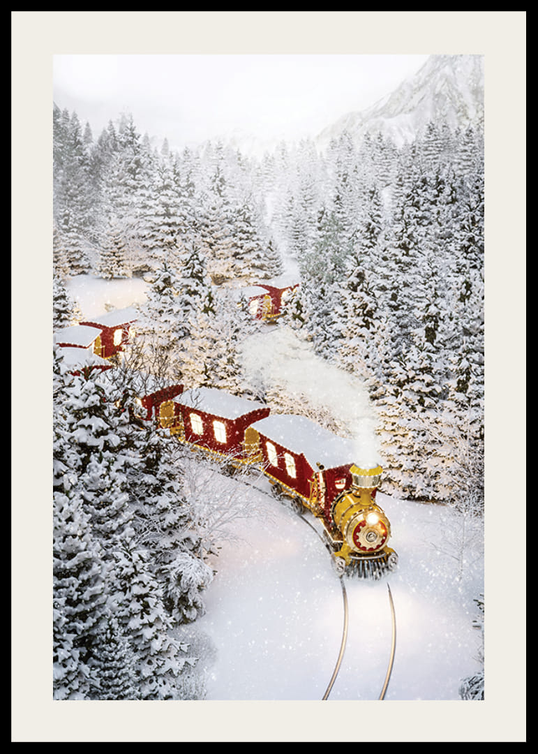 Illustrerat tåg i vintrigt landskap med snötyngda granar-12