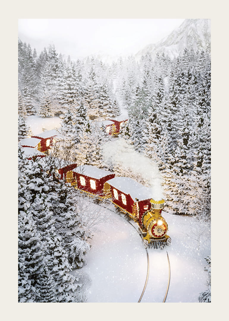 Illustrerat tåg i vintrigt landskap med snötyngda granar-12