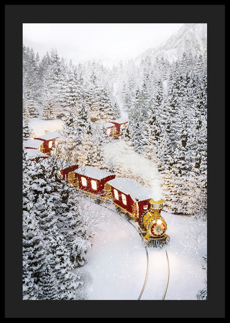 Illustrated train in a wintry landscape with snow-laden fir trees-12