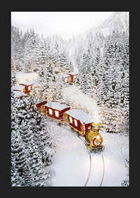 Illustrated train in a wintry landscape with snow-laden fir trees-5
