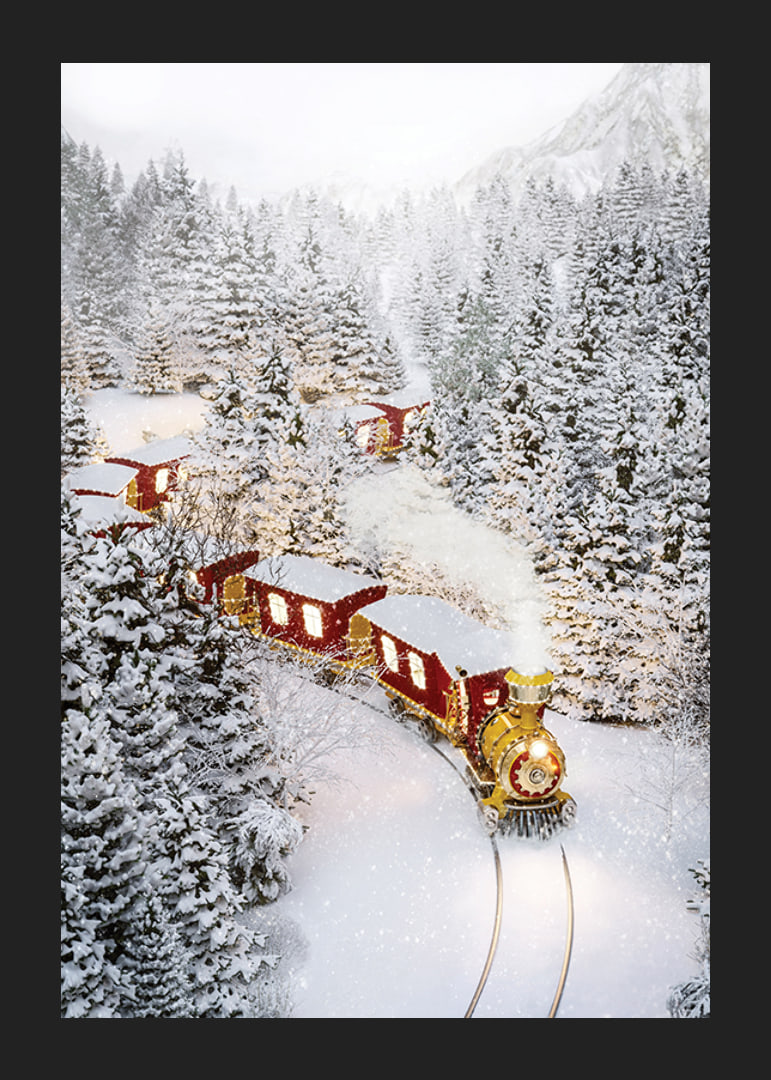 Illustrated train in a wintry landscape with snow-laden fir trees-12