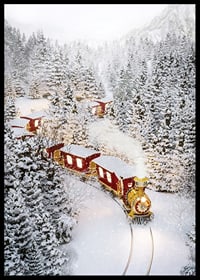 Illustrated train in a wintry landscape with snow-laden fir trees-6