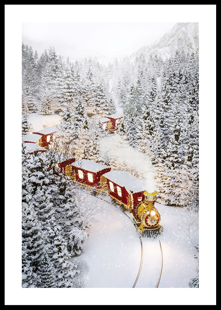 Illustrated train in a wintry landscape with snow-laden fir trees-12