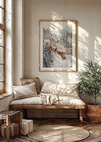 Illustrated train in a wintry landscape with snow-laden fir trees-8