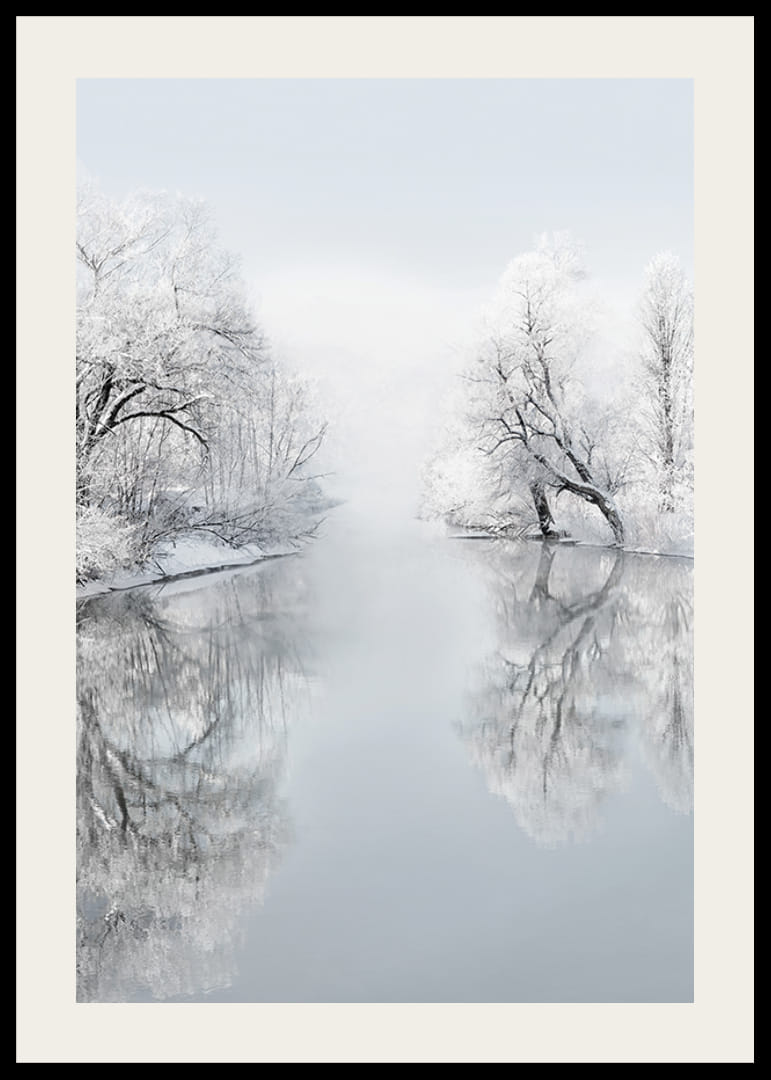 Paysage d'hiver photographique avec des arbres enneigés au bord du lac-12