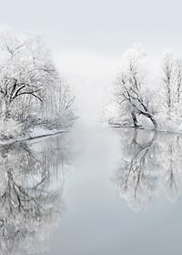 Fotogrāfiska ziemas ainava ar sniegotiem kokiem ezera krastā-7
