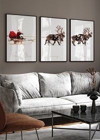 Two illustrated reindeer with harness against white background-2