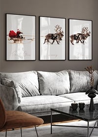 Two reindeer in harness on a snow-covered white background, photography-2