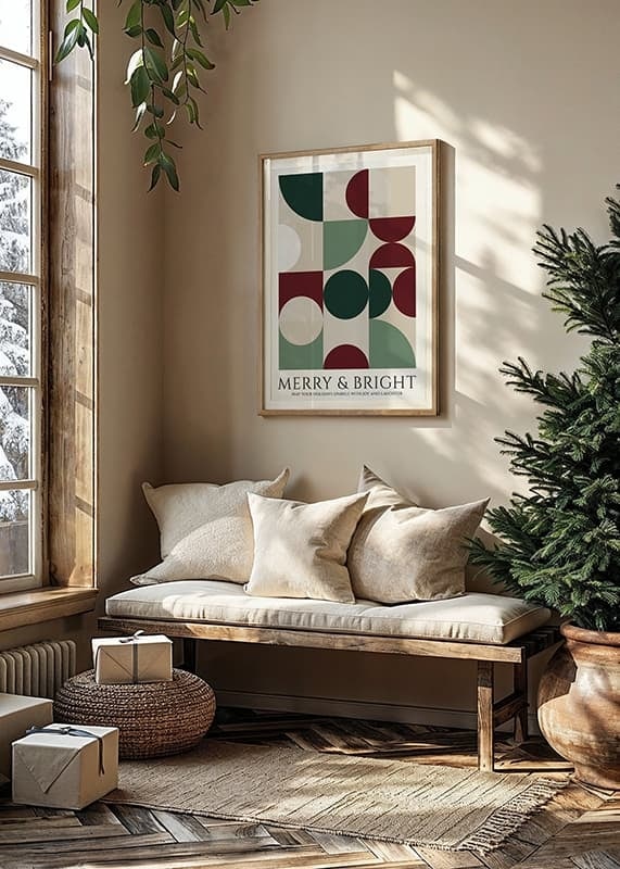 Abstract geometric shapes in green, red and beige with Christmas greeting-12