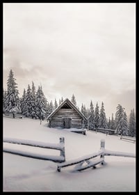Photograph of wooden cottage in snow-covered landscape with fir trees-6