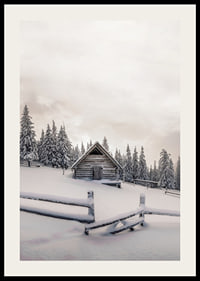 Photograph of wooden cottage in snow-covered landscape with fir trees-2