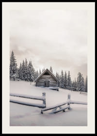 Photograph of wooden cottage in snow-covered landscape with fir trees-2